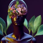 Glossy humanoid figure with floral crown in 3D illustration