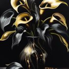 Hyper-realistic painting: Black vase with gold designs, calla lilies, reflective surface, dark