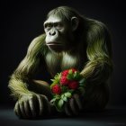 Intricately detailed gorilla statue with lush greenery and pink flowers on dark background