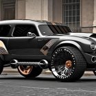 Futuristic black car with colorful illuminated wheels on city street