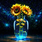 Sunflowers in Blue Vase with Fish Motifs on Dark Background