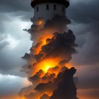 Lighthouse on cloud-like structures under dramatic sunset sky