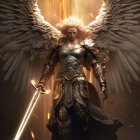 Winged warrior in radiant armor wields glowing sword