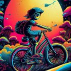 Colorful illustration: Girl on bike under huge moon in alien landscape