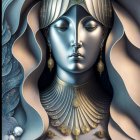 Stylized digital artwork of serene female figure in gold and blue hues