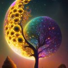 Colorful artwork: Crescent moon, tree, sunflowers, stars, small tree.