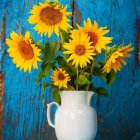 Serene face with closed eyes and floral headpiece on blue background