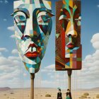 Geometric, multicolored faces against desert mountain backdrop