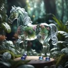 Translucent glass horse with flower and vine patterns in enchanted forest