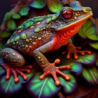 Colorful Digital Artwork: Fantastical Frog on Green Foliage