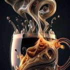 Abstract Digital Art: Transparent Cup with Swirling Coffee and Cream on Dark Background