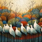 Colorful autumn trees and whimsical birds in vibrant illustration.