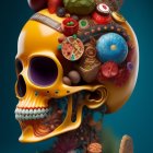 Vibrant surreal skull with candies, fruits, and desserts on teal background