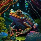 Colorful stylized frog with intricate patterns in a lush natural setting