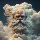 Illustration of stern man with white curly beard blending into cloudy sky