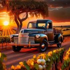 Vintage Car on Countryside Road at Sunset with Colorful Fields