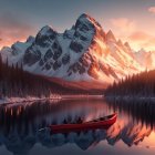 Tranquil twilight scene: person in canoe on lake with mountains, forest, crescent moon.