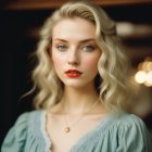 Vintage Hollywood Glamour Portrait: Short Wavy Blonde Hair, Red Lips, Green Eyes, Butterfly Access