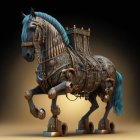 Metallic Knight and Horse Statue with Gold Detailing on Dark Background