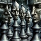 Intricately designed metallic chess pieces on a 3D-rendered board