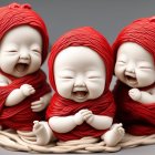 Three Baby Figurines in Red Hats with Easter Eggs