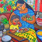 Colorful painting of woman and child at table with food