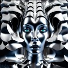 Abstract black and white swirling patterns with female face and piercing blue eyes