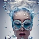 Digital artwork: Woman with reflective sunglasses, iridescent bubbles, and water splash crown.