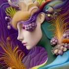 Colorful abstract portrait of a stylized woman with geometric patterns and swirls in purple, blue,