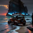 Vintage Car Submerged in Mossy Pond with Tree-Topped Rock at Sunset