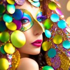Colorful Abstract Makeup and Headdress Portrait with Sparkling Textures