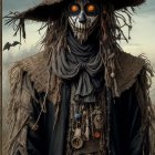 Spooky scarecrow with skull-like face in field