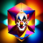 Colorful 3D clown face in geometric cube on rainbow background