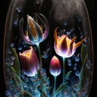 Colorful glass sculpture with illuminated tulips, bubbles, and smoke in egg-like dome