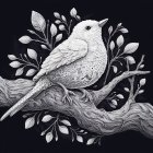 Detailed Monochromatic Bird Illustration on Branch with Butterfly