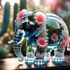 Iridescent elephant with flowers and jewels in enchanting garden