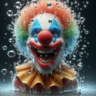 Colorful clown-like character with face paint and bubbles on dark background