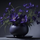 Vibrant Purple Flowers in Glossy Black Vase on Circular Stand