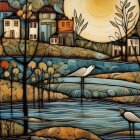 Colorful landscape painting with trees, houses, bird, and water reflections at twilight