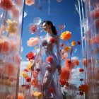 Woman statue surrounded by orange jellyfish in mystical underwater scene