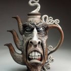 Gothic-style teapot with skull motifs, blood drips, and white flower