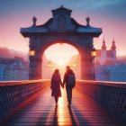 Couple holding hands on ornate bridge at sunset