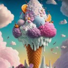 Colorful Whimsical Ice Cream Cone Artwork with Candy Pieces