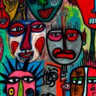 Abstract artwork: Colorful collage of diverse African-inspired faces & patterns