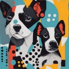 Vibrant stylized dog illustration with geometric shapes.