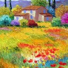 Colorful countryside house painting with lush gardens and flower path under sunny sky