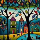 Colorful whimsical painting of stylized trees, houses, animals, and birds under starry sky