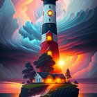 Dramatic stormy sky with vivid lighthouse on cliff