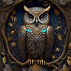 Stylized digital artwork of ornate owl with golden patterns and turquoise accents on mandala background