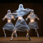 Three dancers in wireframe dresses illuminated with blue and white lights against a dark stage with wooden backdrop showcasing